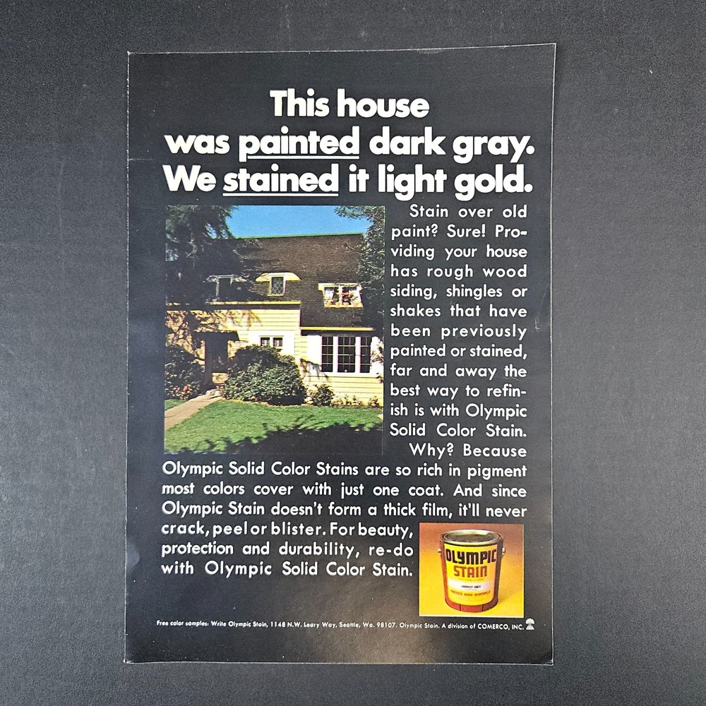 1974 Olympic Stain Comerco Inc Vintage Print Ad Seattle WA One Coat Coverage
